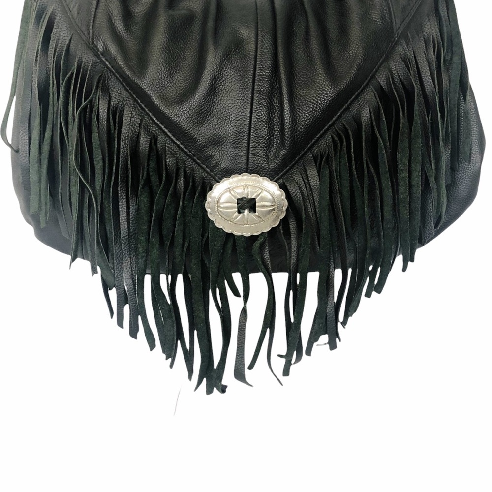 Vintage Black Leather Fringed Hobo with Silver Concho - Picture 3 of 7